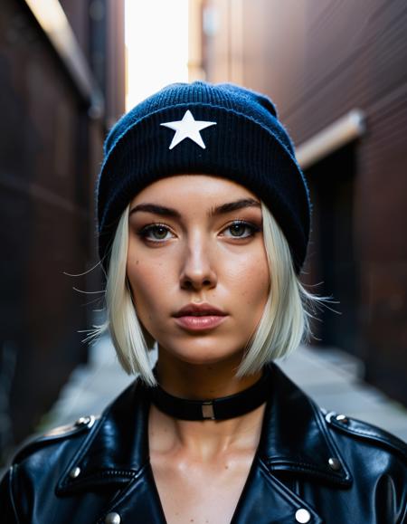 A photo-realistic shoot from a profile camera angle about a young woman with short white hair wearing a black beanie and a black leather jacket, standing in a dimly lit alleyway. the woman, who appears to be in her early twenties, is positioned in the middle of the image, with her upper body facing the viewer. she has a slender physique and is wearing a blue beanie with a star on it, a black choker around her neck. her hair is styled in a short, neat manner, and her eye color is not specified. she is looking to the side with a serious expression, her body is slim and toned. the lighting is soft and warm, casting gentle shadows on her body. the background is a dark alleyway with graffiti on the walls, and the overall mood is mysterious and edgy.