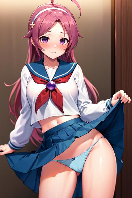 masterpiece, best quality, highres, aa2, long hair, hairband school uniform, serafuku, white shirt, blue skirt, ahoge, parted bangs, pleated skirt, midriff, long sleeves, sailor collar, <lora:asamiya_athena:0.6>, cowboy shot, embarrassed, (blush:1.1), closed mouth, (skirt lift:1.3), (panties:1.1)