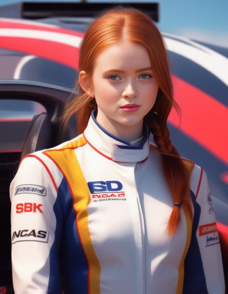 SadieSink,<lora:SadieSinkSDXL:1> perfect anime illustration, 1girl, braided hair, medium hair, medium breasts, sidehair, racecar driver, ((firesuit, race track, car)), nascar, f1, indycar, (outdoors, speedway, track), standing next to a racing vehicle, hand on hip, good posture, looking at viewer. created by Artgerm, volumetric lighting, 8k, hdr, holga, 300mm lens f3. 5, aesthetic, unsharpened