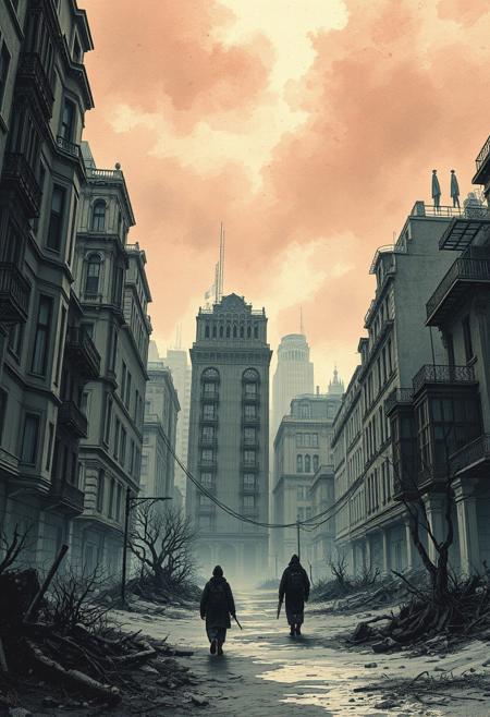 A dreamlike,abandoned city where the buildings seem sketched onto the sky, while solitary travelers walk below, blending seamlessly into the earth as if part of the landscape.
surreal nightmarish realism, intricate ink cross-hatching with hyper-detailed painting, cinematic dramatic lighting, eerie ghostly landscapes, psychologically intense figures, twisted dreamlike horror, deep chiaroscuro shadows, dark atmospheric storytelling