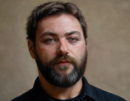 <lora:XL_sargon_v1:1>, <lora:XL_Oil_Paint_ClassipeintXL1.9:1>, ((oil painting)),k 1boy, male focus, solo, facial hair, beard, brown hair, shirt, mustache, black shirt, realistic, looking at viewer, upper body,