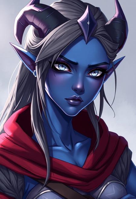 anime style, female tiefling, blue skin, white eyes
