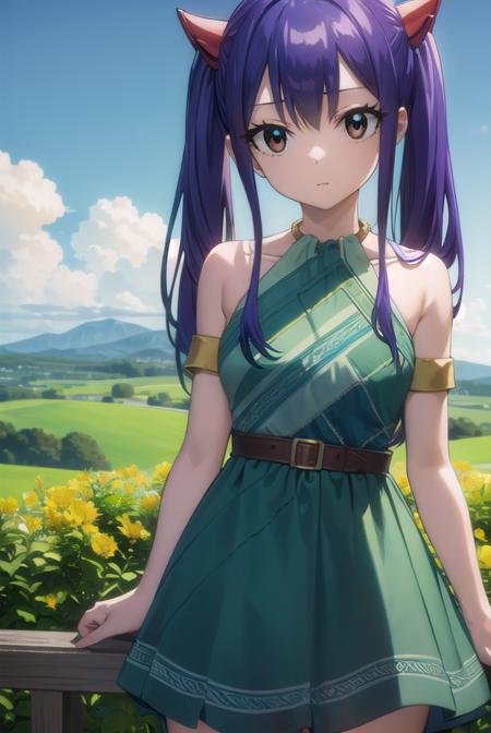 wendymarvell, <lora:wendy marvell-lora-nochekaiser:1>,
wendy marvell, long hair, (brown eyes:1.5), (blue hair:1.5), hair between eyes, twintails, red hair ornament,
BREAK dress, sandals, (green dress:1.5), bare shoulders, armband, tattoo,
BREAK outdoors, forest, nature, sky, sun, clouds,
BREAK looking at viewer, (cowboy shot:1.5),
BREAK <lyco:GoodHands-beta2:1>, (masterpiece:1.2), best quality, high resolution, unity 8k wallpaper, (illustration:0.8), (beautiful detailed eyes:1.6), extremely detailed face, perfect lighting, extremely detailed CG, (perfect hands, perfect anatomy),