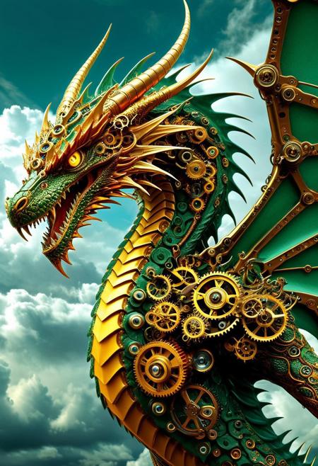 digital art images, beautiful, fantasy, and complex, detailed portrait , 
clockwork Eastern_dragon made of gears, cyber-like style
Flying in the sky, roar:1.4, wings spread wide, ,
fiery colors, deep green, electric yellow, molten golden edges, 
beautiful, closeup shot,
flash,bolt
sea, day time, cloudy,
masterpiece, photorealistic, highly detailed,