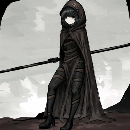 miranda, (multiple belts:1.3), (brown:1.2) belts on outfit, standing, full body, sitting on rock, expressionless, boots, black hair, black eyes, black dress, black gloves, (brown:1.3) hooded cloak <lora:miranda:0.9>, nice hands <lora:blackSouls_5:0.7>