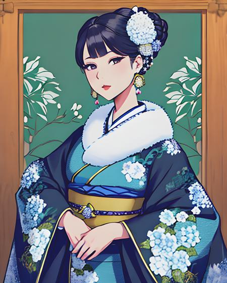 woman wearing furifur kimono, portrait, extremely fancy up-do, (hydrangea wallpaper), decorative wrought-iron fence, slate-blue green and white, opal jewelry, extravagant jewelry, patterned clothes, extremely detailed clothing, featured on pixiv, masterpiece, highest quality, 8k