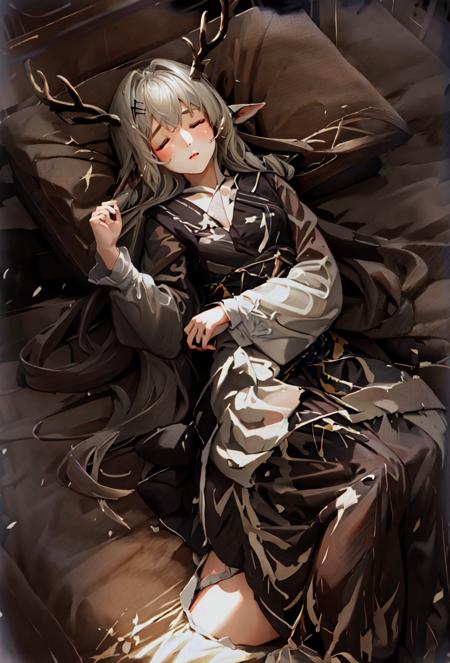 1 girl, solo,best quality,masterpiece,  <lora:Alina-000033:0.7>, Alina, antlers, deer ears, bed, bed sheet, 1girl, solo, full body, lying, on back, nightgown, sleeping, closed eyes,ribbon