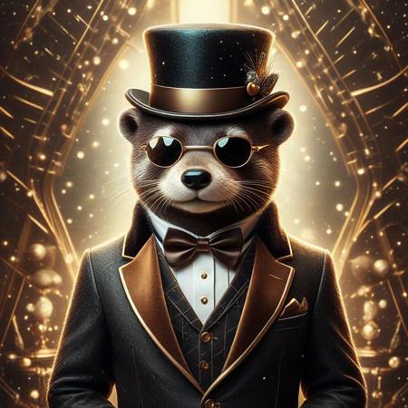 digital painting of a modern edge cute otter in suit and bowtie, top hat and cutting edge sunglasses,  entirely made of retro sophistication texture, whimsical and magical atmosphere, soft lighting, highly detailed and stylized, concept art for a vintage charm-themed universe
