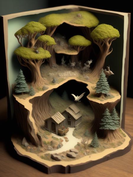 <lora:DIORAMA:1>hilltop, forest getaway, treefort, oak trees, diorama map