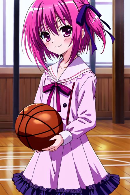 masterpiece, best quality, absurdres, ultra-detailed, indoors, <lyco:ro_kyu_bu_v4-000090:0.7>, school uniform, minato tomoka, 1girl, solo, blush, smile, short hair, hair ribbon, one side up, basketball, holding ball