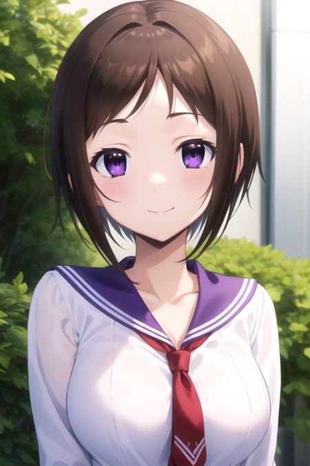 Ui Wakana short hair,brown hair,sidelocks,parted bangs,purple eyes collarbone,school uniform,purple sailor collar,white shirt,red necktie,short necktie,long sleeves,large breasts,purple skirt,pleated skirt,purple socks,loafers