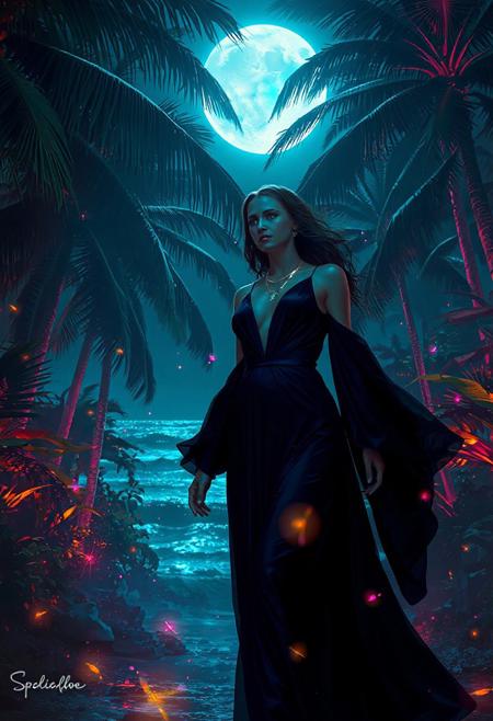 Cinematic Concept Art. A mysterious woman walks through a neon-lit tropical jungle at midnight. She wears a deep indigo haute couture dress with flowing sleeves and a silver necklace glowing in the moonlight. The cinematic concept art style uses dramatic chiaroscuro lighting, volumetric glow from palm trees, and colorful fireflies floating around her. The background features shimmering ocean waves and glowing foliage, blending cyberpunk neon with lush nature. Low poly accents enhance the digital aesthetic.