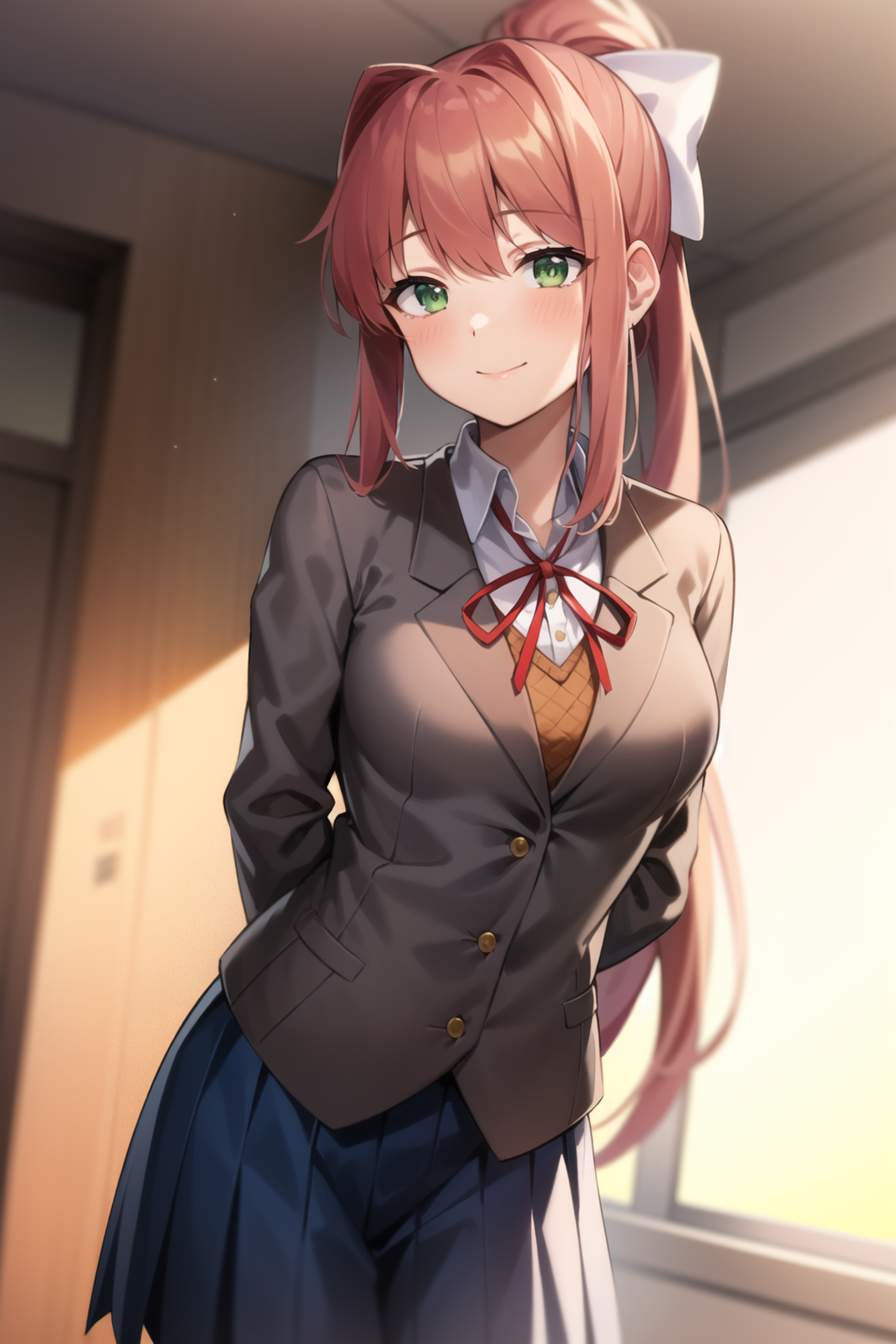 2d, masterpiece, best quality, anime, highly detailed, cowboy shot, 1girl, solo, monika, green eyes, very long hair, ponyt...
