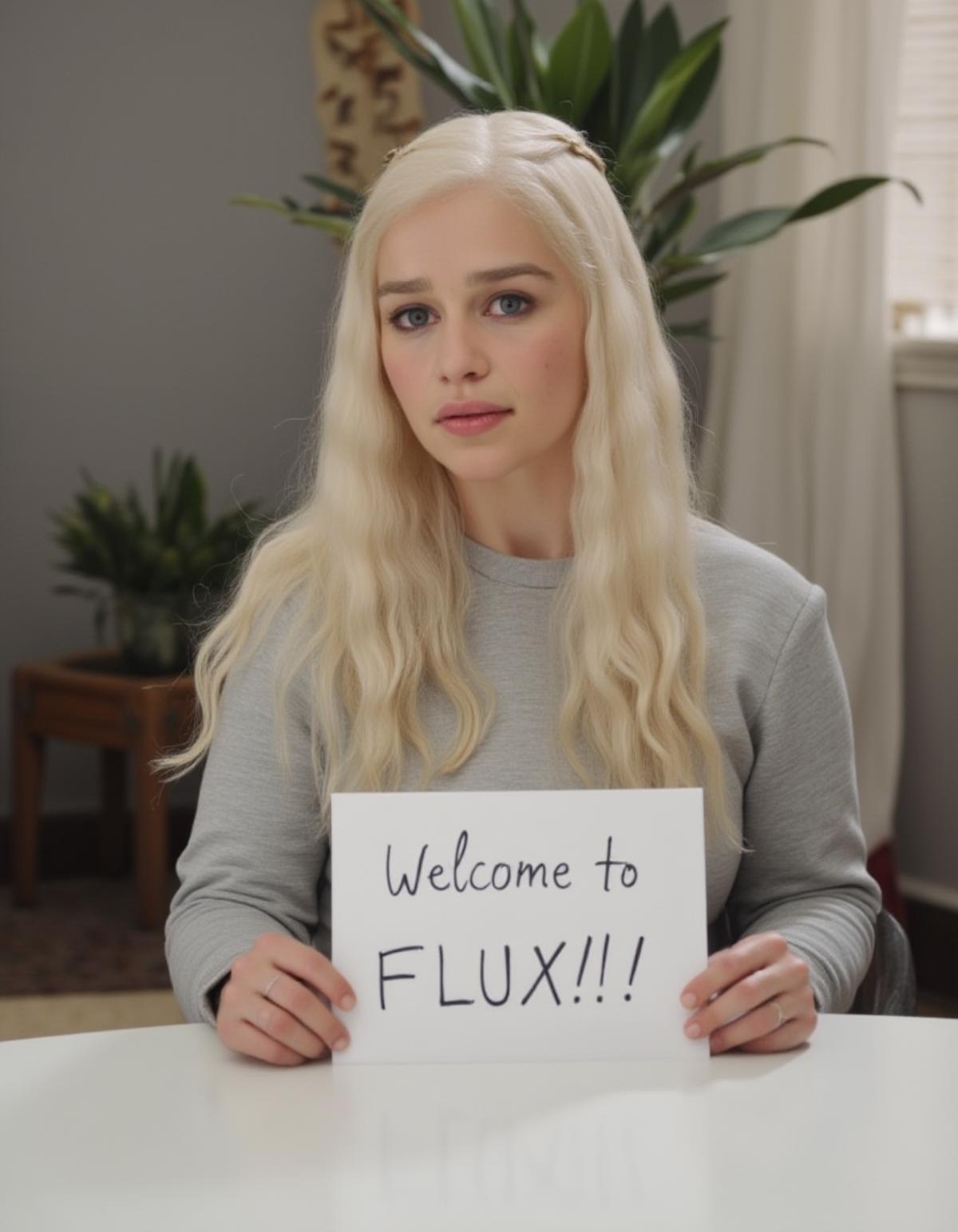 Instagram photo of emxclarke as daenerys sitting at a table wearing a light grey sweatshirt, holding a sign that has the writing "Welcome to FLUX!!" written on it. She is looking at the camera with a slight smile and in the background are some office plants on either side of her out of focus.   <lora:Emilia_clarke_and_daenerys_FLUX_epoch_49:1>