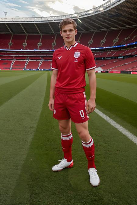 Wembley Stadium, grass field, JackWindsor wearing the English national soccer team uniform, (red soccer jersey), red soccer shorts, (red socks), ((white sneakers)), soccer ball, (((full body portrait))), wide angle <lora:JackWindsor-000008:0.8>