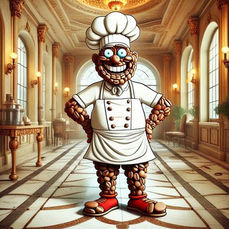 coffee beans, a digital drawing in a cartoonish style featuring a comically exaggerated chef. The chef, with a large, toothy grin and wide, bulging eyes, stands on thin legs in a grand hallway. He wears a traditional white chef's hat and a white apron. The background showcases an ornate, warmly lit hallway with red and gold accents, tall windows, and a polished marble floor. The overall atmosphere is whimsical and exaggerated, reminiscent of classic cartoon humor.
