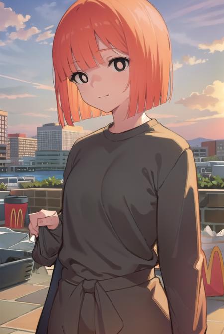 yorumac, <lyco:yorumac-lyco-nochekaiser:1>,
yoru mac, short hair, bangs, (black eyes:1.5), blunt bangs, orange hair, bob cut, smile,
BREAK shirt, long sleeves, pants, sweater, grey pants,
BREAK looking at viewer, full body,
BREAK indoors, restaurant, mcdonalds,
BREAK <lyco:GoodHands-beta2:1>, (masterpiece:1.2), best quality, high resolution, unity 8k wallpaper, (illustration:0.8), (beautiful detailed eyes:1.6), extremely detailed face, perfect lighting, extremely detailed CG, (perfect hands, perfect anatomy),