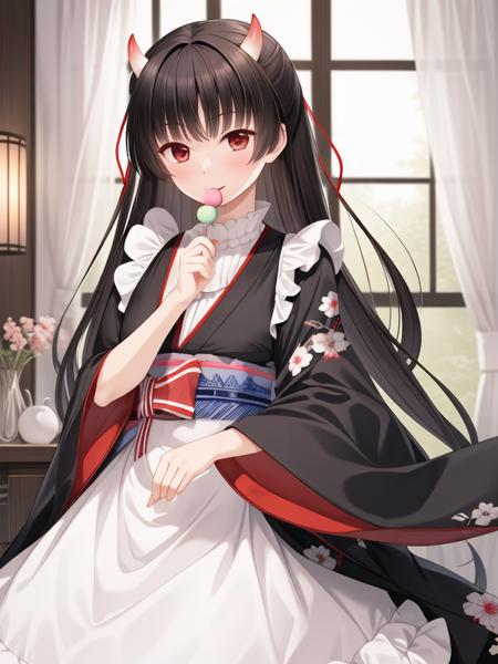 <lora:Sakawa_v2:1>japanese clothes, wide sleeves, kimono, sash, obi, wagashi, dango, maid,long hair, black hair, red eyes, long sleeves, oni horns, hair ribbon,, <lora:flatBG:-0.5> ,<lora:flat2:-0.5> ,<lora:hyperrefiner_v090:1> ,(dark light:1.2),(hyper extreme detailed),(masterpeace:0.5),(hyper extreme),(photorealistic),game cg,llustration,novel illustration,beautiful lighting,light from the front,good_hands,beautiful art ,BREAK