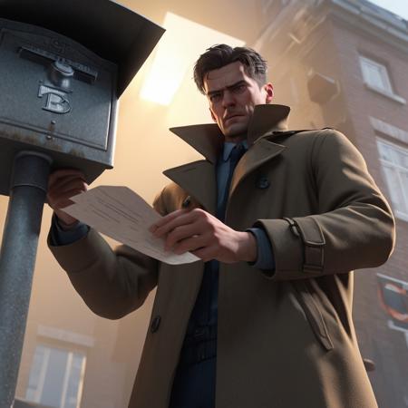 zdyna_pose, dutch angle, from below, foreshortening, man in trenchcoat standing above viewer in a zdyna_pose placing a letter into a mailbox in a low camera angle actions scene, foreground objects dust and volumetric lighting, bright cinematic lighting <lora:!action-sdxl-V0.5:0.7>