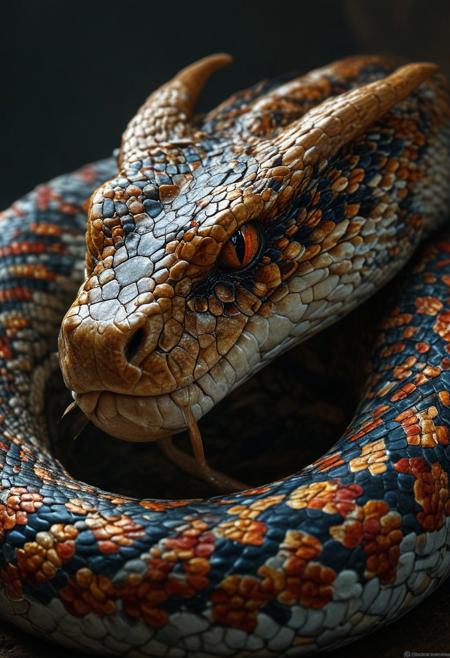 apture a photo-realistic image of a snake with dragon horns, no legs, adorned with black scales featuring intricate red and gold patterning. The snake should have colorful, beautiful eyes and be depicted in a dynamic full-body pose. Utilize cinematic lighting with Rembrandt lighting techniques to create depth and drama in the image. Incorporate volumetric lighting to enhance the atmosphere around the snake. The photograph should be taken with an aperture of F/2.8 to create a shallow depth of field and focus attention on the subject. Ensure maximum detail and ultra-realism in the rendering. The snake should be centered in the frame, commanding attention and exuding beauty and majesty. The overall composition should be visually captivating and show, ((Antro)), ((furry)),ase the intricate details of the snake's scales and horns.
(Dramatic Lighting, Photography, 3D Illustration, Vibrant Colors, Exquisite Detail, Award Winning, Stunning)  <lora:MJ52:0.5> epiCPhoto