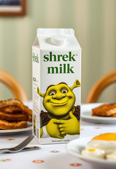 a milk box on a breakfast table. The milk is titled "shrek milk" with shrek on the cover smiling, green and white box