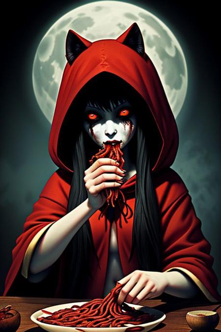 Little red ridinghood feasting on the wolf's intestines, horror, gore, evil eyes,