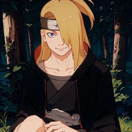 Deidara, 1male, long black robes, smirk, blue eyes, bangs cover one eye,  forest background, sunlight, sitting under a tree, upper body