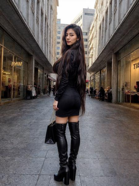 Taiwanese tall mature beauty bend over in (department store,outdoor,cityscape,accessories,shopping mall,outlet,sunny,sunshine,daylight,light on face,glare:1.1),shopping bags,(pompadour,very_long_hair, very wavy hair:1.3),(full body,high boots:1.2),(dress,boots,slender,very long thin legs:1),eyelashes,earrings,(frowning,disdain, slight smile),(look back,bend over,huge butt:1.2),very_long_hair
,RAW photo, 8k uhd, dslr, soft lighting, high quality, Fujifilm XT3,<lora:add_detail:1.5> <lora:taiwanDollLikeness_v20:0.2>, <lora:very_long_hair:0.3> <lora:Thinlegs:0.2>