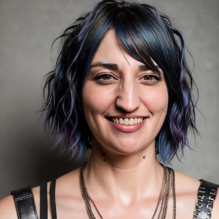 ohwx woman with short blue hair, punk style, portrait photo, smiling, professional photography, head shot <lora:2024-03-02_02-07-57-save-400-50-0:1>