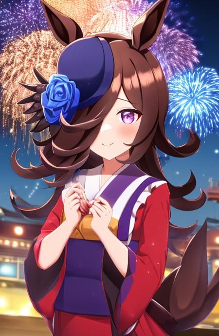 <lora:RiceShower:0.80>, (rice shower \(umamusume\)),looking at viewer, red kimono,  fireworks,