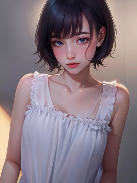 (8k, RAW photo, best quality, masterpiece:1.2), (realistic, photo-realistic:1.37), 1girl, professional lighting, radiosity, physically-based rendering, looking at the viewer,solo, black hair, nightdress, short hair, <lora:coco_style_1-000015:0.5>