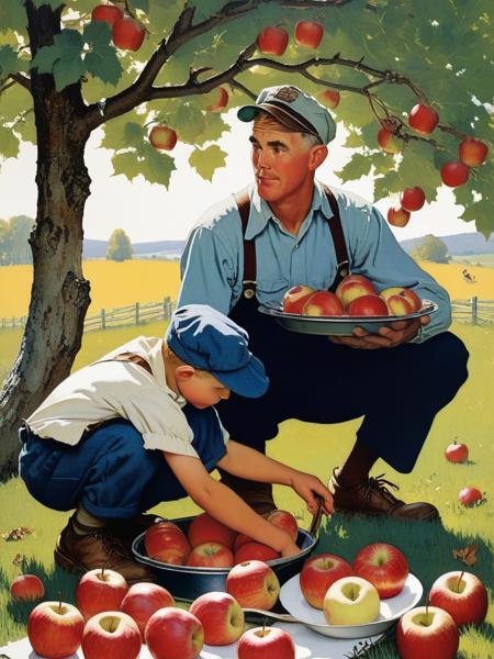 <lora:04Vintageillustration_Hap_XL:3.3>,Norman Rockwell style,vintage poster, Went apple picking. Now going to make a pie. By Dreamerð,