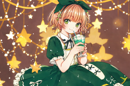 best quality, masterpiece, extremely detailed, detailed background, 1girl, dress, solo, green eyes, short hair, holding, kinomoto sakura, smile, looking at viewer, star (symbol), green dress, drinking straw, hairband, ribbon, bangs, short sleeves, brown hair, hair ribbon, cup, blue dress, frilled dress, holding cup, frills, closed mouth, fruit, black hairband