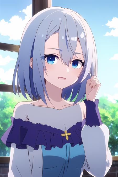 sakuna, 1girl, solo, blue eyes, looking at viewer, collarbone, open mouth, off shoulder, dress, upper body, bangs, bare shoulders, long sleeves, window, sky, hand up, day, hair between eyes, grey hair, short hair, off-shoulder dress, white dress, blue hair, blue sky
