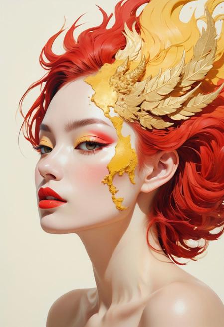 fine art, 35mm camera, beautiful photorealistic pale yellow red and golden kirin, daydreaming, impasto, playful and imaginative abstract art, pop surrealism, inspired by Conrad Roset. Analog Color Theme, retrospective, flat, 2.5D