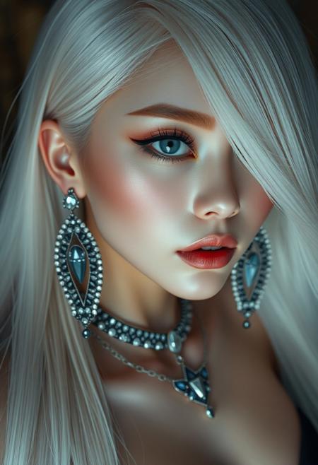 (masterpiece), best quality, expressive eyes, perfect face, , sam yang, (Joe Madureira:0.8), (Extremely detailed), (Intricate details), Beautiful girl, tall and slender fit body, large breasts, shiny pale oiled skin, (Very long lush shiny straight (((iridescent white))) hair), (Extremely detailed beautiful vivid pale grey eyes), (Perfect make-up, mascara, eyeliner, blush), (Very long very fluffy fake lashes), (Delicate face features), ((Very long sharp shiny black nails)), (Intricate massive jewelry), Very large earloops earrings, black brows, Shiny glossy lips, (Cowboy shot), (Shiny navel piercing), <lora:sam_yang_offset_right_filesize:1>