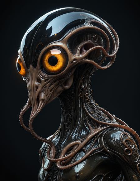 dynamic view, side view, hyper realistic photograph of  a bizarre biomorphic alien creature with a long  chin and a pair of massively tentacles,  clear glowing eyes, extremely dark glossy realistic alien skin, black and asphalt grey hue, by Petros Afshar and John Atkinson Grimshaw, (intricate , iconic , masterful:1.4), medium full shot, poster art, bold lines, hyper detailed, expressive,  award winning,  dark limited color palette, high contrast, depth of field, (intricate details, masterpiece, best quality:1.4),
spot lighting, looking at viewer, dynamic pose, wide angle view,
<lora:add-detail-xl:1> <lora:xl_more_art-full_v1:0.5>  <lora:NicolaSamori:0.5> in the style of nicola samori <lora:looking_at_viewer:2>