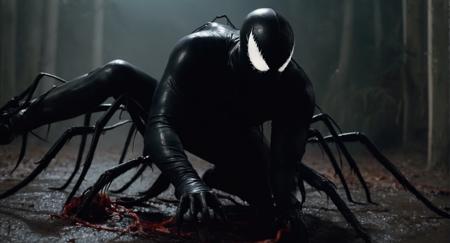 Dark Fantasy Art of <lora:Symbiote:1> Cinematic Film stock footage in (arri alexa style) Kodak film print,
a man with a carnage outfit and a large spider crawling over him symbiote style, dark, moody, dark fantasy style