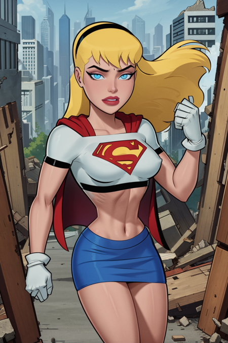 masterpiece, best quality, 1girl, supergirl, solo, blonde hair, long hair, hairband, blue eyes, white gloves, red cape, blue skirt, miniskirt, white crop top, makeup, lipstick, navel, destroyed city, ruined city background <lora:Supergirl_DCAU:1>