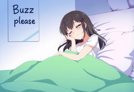 Anime woman, sleeping on a bed. A poster on the wall reads "Buzz please". Location: girl's bedroom.