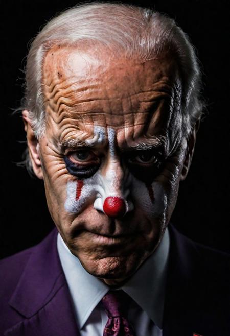 Close-up, (Joe Biden AS Joker MAKE UP), grim smile, relaxed pose, portrait movie shot, serious, menacing, chiaroscuro style photo, dark background, minimalism, dramatic lighting, professional quality, dull highlights and shadows, natural and original