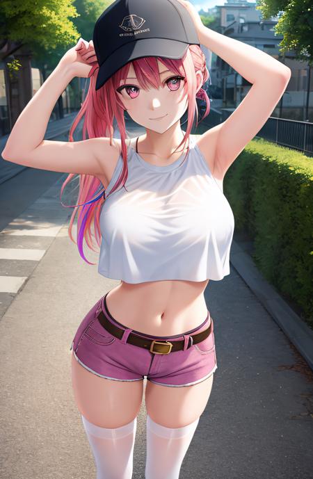 amazing eye detailsbest highest quality anime style art, 1girl, arms_up, bangs, baseball_cap, belt, breasts, bremerton_\(azur_lane\), crop_top, crop_top_overhang, hair_between_eyes, hat, large_breasts, long_hair, looking_at_viewer, midriff, multicolored_hair, navel, pink_eyes, pink_hair, ponytail, short_shorts, shorts, sidelocks, smile, solo, standing, streaked_hair, thighhighs, thighs, white_legwear, cinematic_light, ray_tracing, masterpiece, best quality, highres, extremely detailed CG, 8k wallpaper, an extremely delicate and beautiful, best shadow, hyper detailed, intricate details, detailed_background, extremely beautiful girl, cute, lustrous skin, colorful, depth of field, super_detailed_background, full body, full_body, standing, (shiny, glossy, reflective, glassy:1.1), intricate clothing detail,  anime,  scenic background, outside, city, town, High-resolution, symmetrical eyes, illustration, hard lighting, (realistic highlight, realistic shading), (skin coloring, skin tone shading, colorful lighting), is the best and highest quality art in the anime style, the most beautiful anime style art ever seen, award winning anime that is visually stunning, the art has the best transition between two shapes of colors, depth, art that was drawn by a pro artist