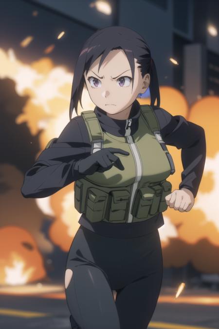 <lora:umetsuovaextend-000001:0.8>
<lora:sato-000006:1> sato,
running, dynamic, serious, bullet hole, shell casing, explosion, tactical clothes, camouflage, bulletproof vest, leggings,
1girl, solo