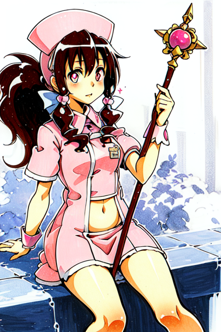 bwnurse, nurse, nurse cap, ponytail, traditional media, magical girl, staff, wand, navel, sitting, symbol-shaped pupils