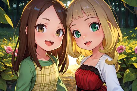 portrait, sharp focus, soft lighting,  illustration, depth of field, outdoors, farm, field, grass, plants, <lora:asanagi:0.35>
AND celia, brown hair, grey eyes, plaid apron,  bandana, green dress, :D, smile,[<lora:celia-000003:0.75>#cmd\(cooldown\(0.2\)\)] 
AND muffy,long hair, blonde hair, red dress, green eyes ,hairband, smile, [<lora:muffy-000003:0.75>#cmd\(cooldown\(0.5\)\)]