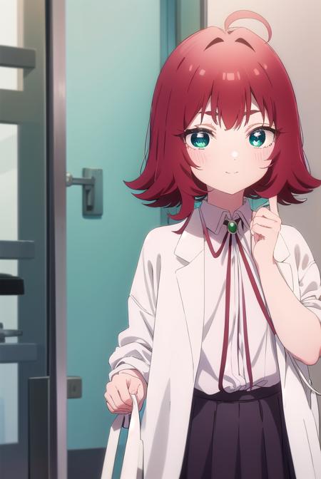 kusuriyakuzen, <lora:kusuri yakuzen s1-lora-nochekaiser:1>,
kusuri yakuzen small, short hair, (green eyes:1.3), white shirt, red hair, pleated skirt, socks, collared shirt, black skirt, neck ribbon, suspenders, antenna hair, black socks, (labcoat:1.2), suspender skirt, female child, smile,
BREAK ,
BREAK indoors, classroom,
BREAK looking at viewer, (cowboy shot:1.5),
BREAK <lyco:GoodHands-beta2:1>, (masterpiece:1.2), best quality, high resolution, unity 8k wallpaper, (illustration:0.8), (beautiful detailed eyes:1.6), extremely detailed face, perfect lighting, extremely detailed CG, (perfect hands, perfect anatomy),