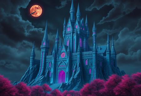 castle, living crystal castle, blue flesh with pink veins, detailed , hr giger, lovecraft, pink trees, blood moon, dark clouds,