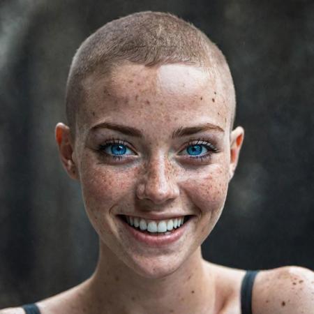 beautiful lady, (freckles), big smile, blue eyes, buzzcut hair, dark makeup, hyperdetailed photography, soft light, head and shoulders portrait, cover as laracroft