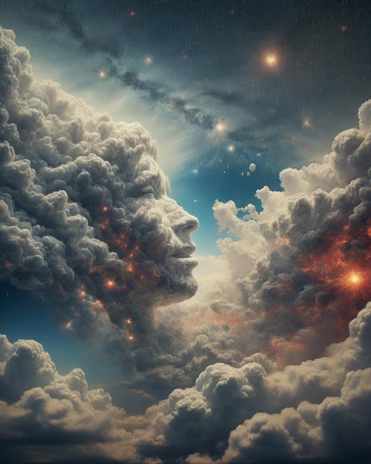 A person's face is seen through a cloudy sky with stars in the background.