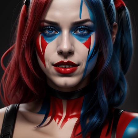 SOLO, portrait, blue and red ratio, 1 harley quinn, (gorgeous face:1.2), (gorgeous body:1.2), highly detailed, INTRICATE, centered, digital painting, artstation, concept art, smooth, sharp focus, illustration, artgerm, alex ross, WLOP